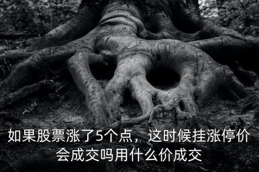 如果股票漲了5個點，這時候掛漲停價會成交嗎用什么價成交