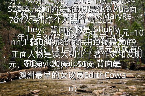 1 澳幣是多少人民幣$根據(jù)2019年12月30日匯率，1澳元=4.8784人民幣，1人民幣=0.205澳元 澳幣的貨幣代碼是A$,AUD，分/仙（cent，c）1元=100分（$1=100c）澳元面額有5元，10元，20元，50元，100元的塑料錢幣另有5分，10分，20分，50分，1元，2元鑄幣擴(kuò)展資料$20澳元紙幣：主色調(diào)是紅色，正面人物是船運(yùn)大亨和慈善家MaryReibey；背面人物是JohnFlynn；$50澳元紙幣：主色調(diào)是黃色，正面人物是澳大利亞土著作家和發(fā)明家DavidUnaipon；背面是澳洲最早的女議員EdithCowan；