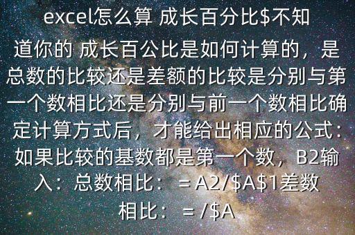 excel怎么算 成長百分比$不知道你的 成長百公比是如何計算的，是總數(shù)的比較還是差額的比較是分別與第一個數(shù)相比還是分別與前一個數(shù)相比確定計算方式后，才能給出相應(yīng)的公式：如果比較的基數(shù)都是第一個數(shù)，B2輸入：總數(shù)相比：＝A2/$A$1差數(shù)相比：＝/$A